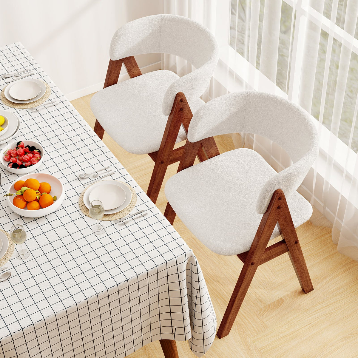 Wooden Dining Chair Set of 4 Mid-Century Modern Sherpa Upholstered Kitchen Dining Room Chairs-Walnut-Dining Chairs-DECOROLALA