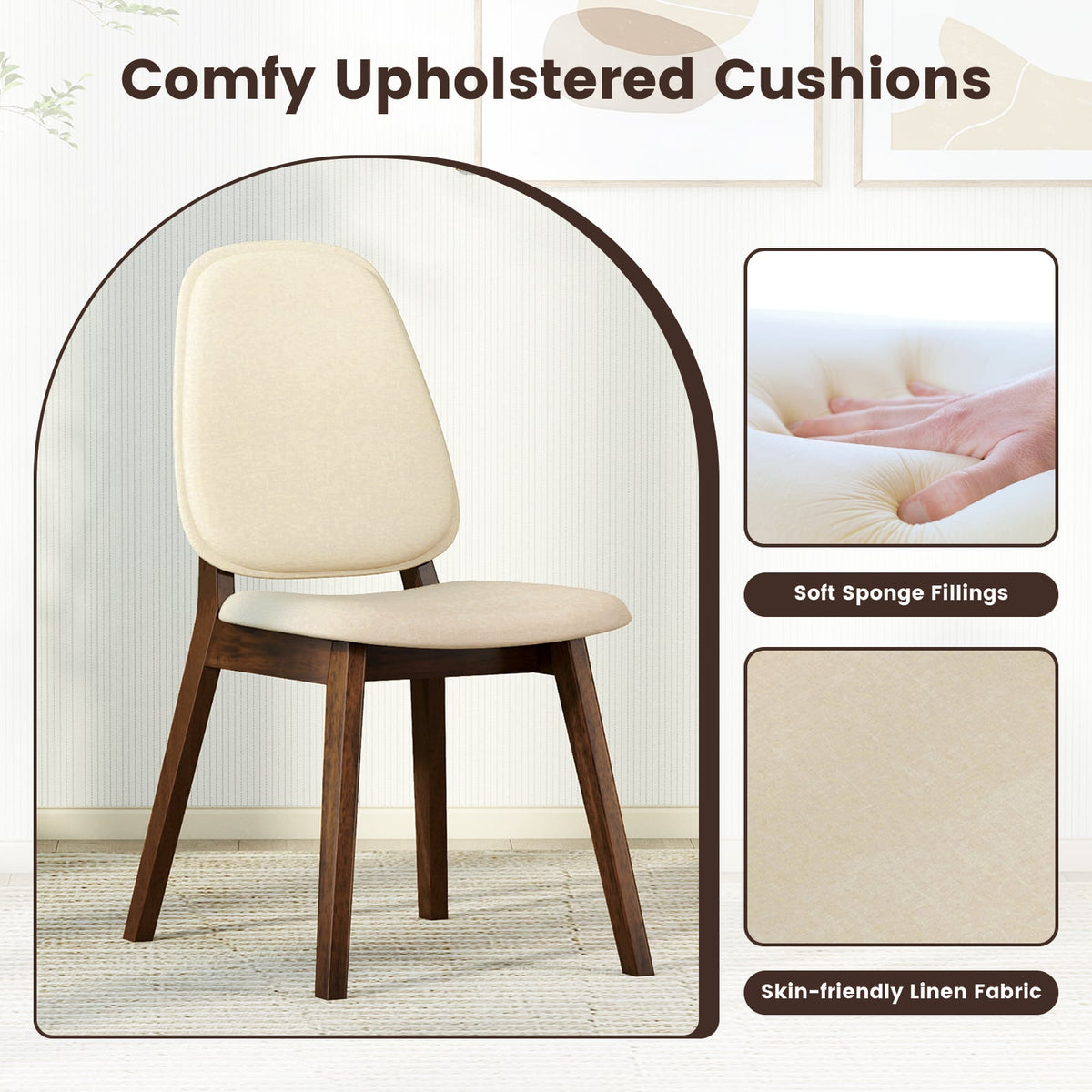Wooden Dining Chair Set of 4 Mid-Century Modern Upholstered Side Armless Chair-Brown-Dining Chairs-DECOROLALA