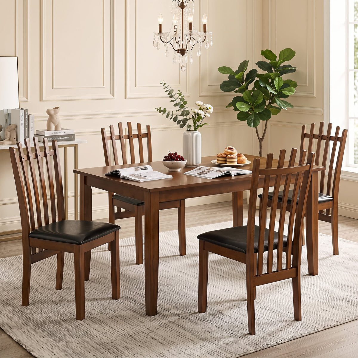 Wooden Dining Chair Set of 4 with Spindle Back & PU Leather Seat-Black-Dining Chairs-DECOROLALA