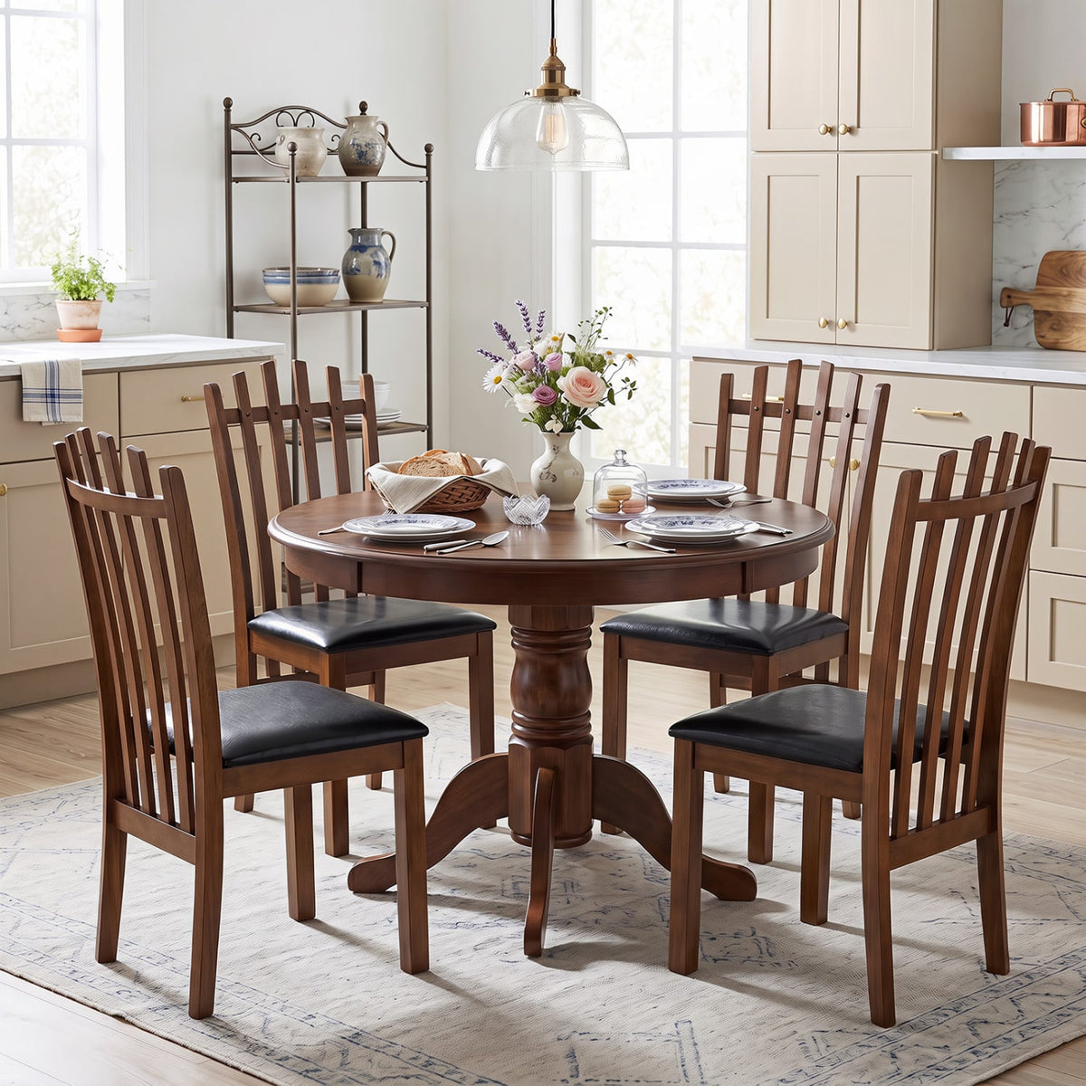 Wooden Dining Chair Set of 4 with Spindle Back & PU Leather Seat-Black-Dining Chairs-DECOROLALA