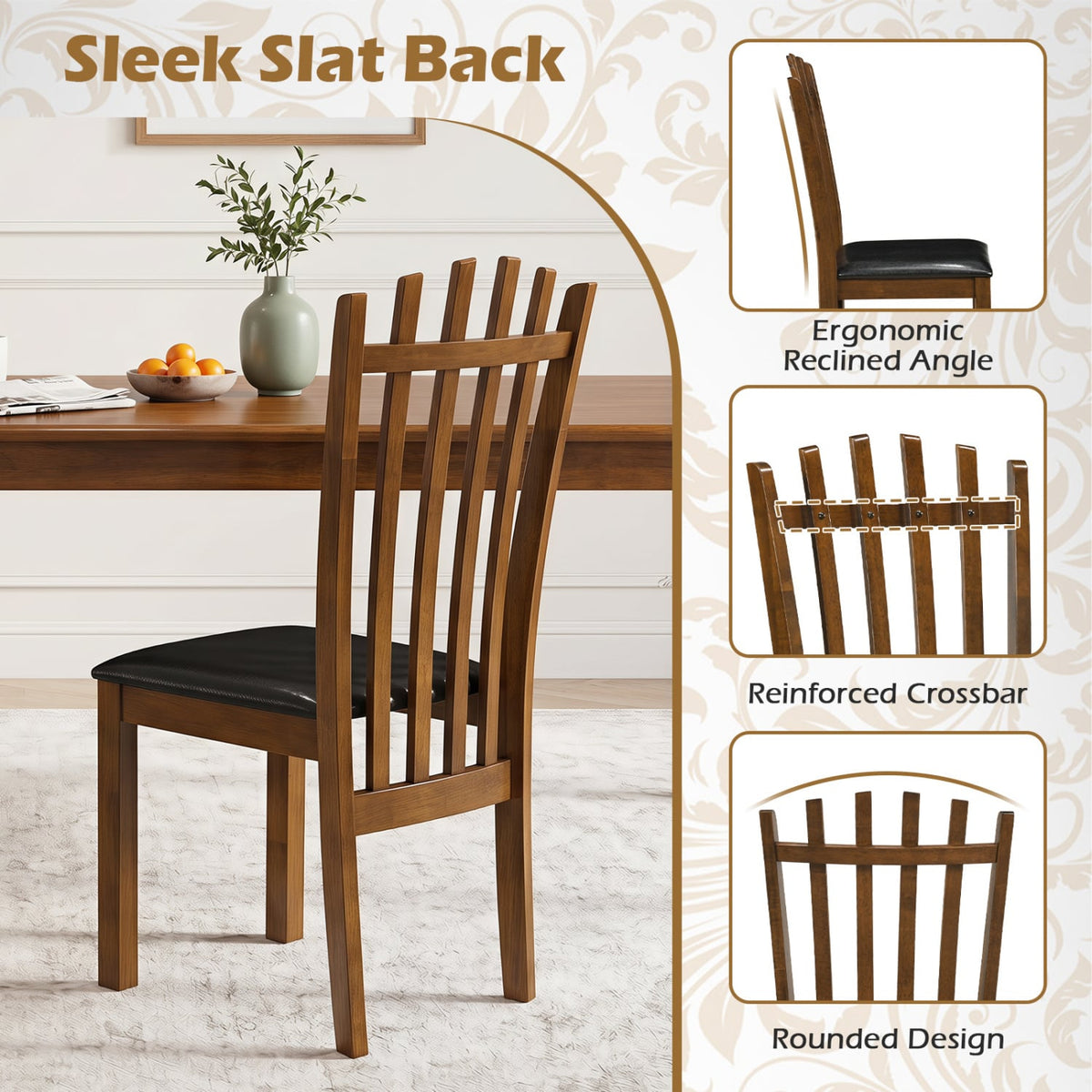 Wooden Dining Chair Set of 4 with Spindle Back & PU Leather Seat-Black-Dining Chairs-DECOROLALA