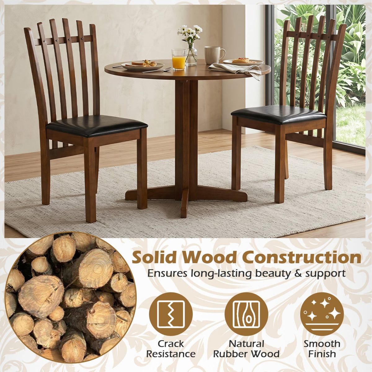 Wooden Dining Chair Set of 4 with Spindle Back & PU Leather Seat-Black-Dining Chairs-DECOROLALA