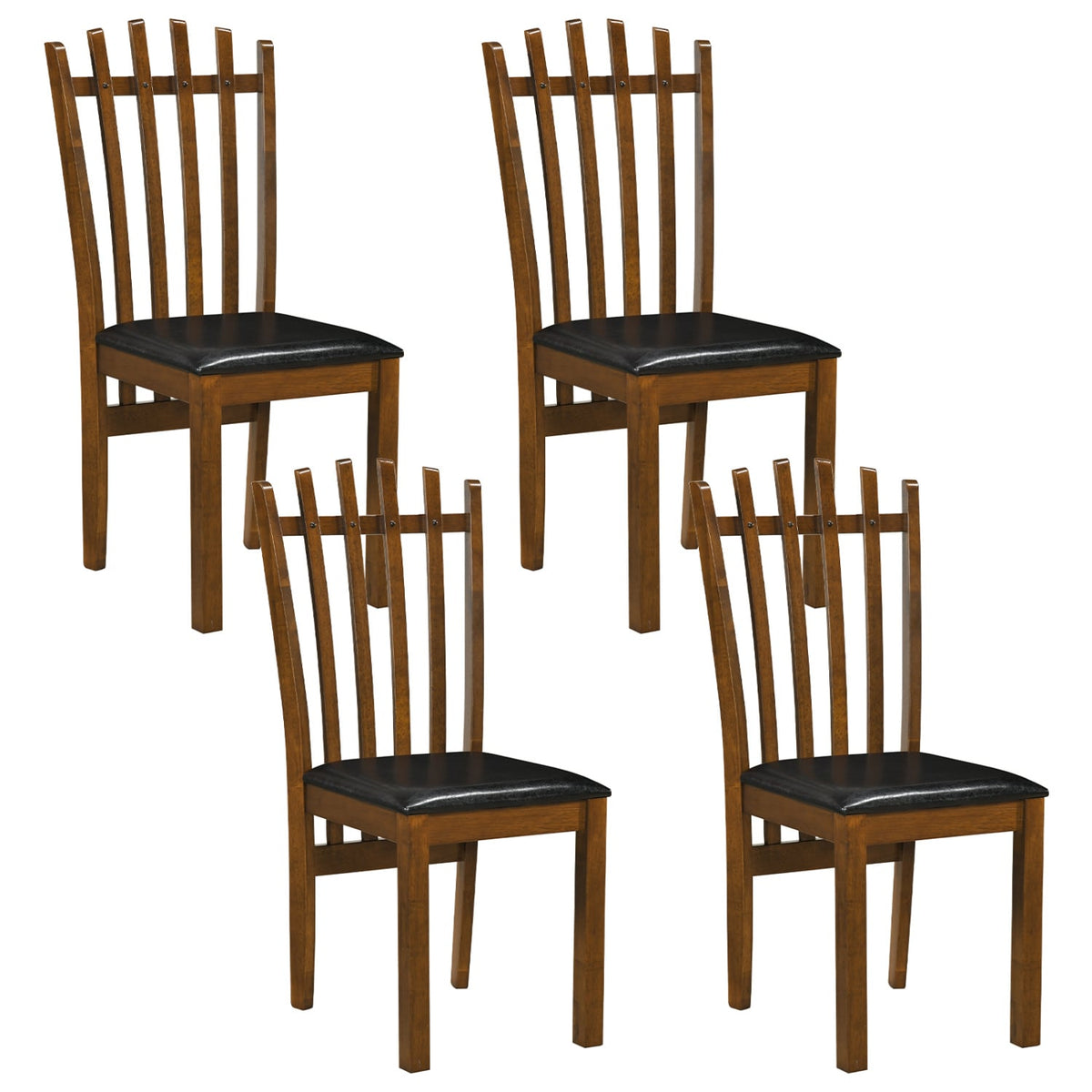 Wooden Dining Chair Set of 4 with Spindle Back & PU Leather Seat-Black-Dining Chairs-DECOROLALA
