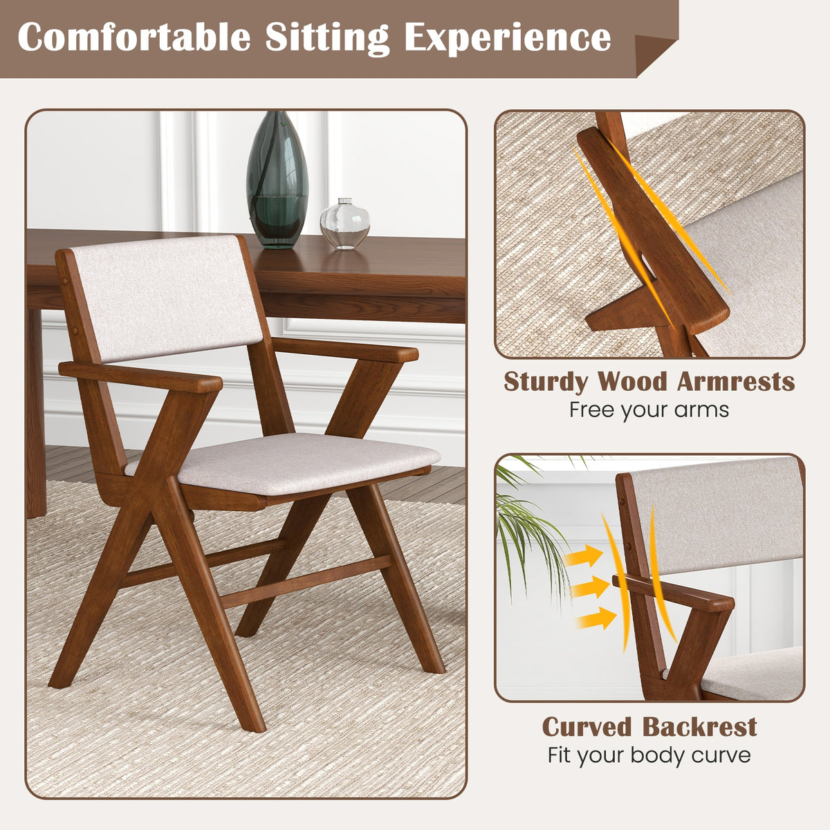 Wooden Dining Chair with Rubber Wood Frame Set of 2-Walnut-Dining Chairs-DECOROLALA