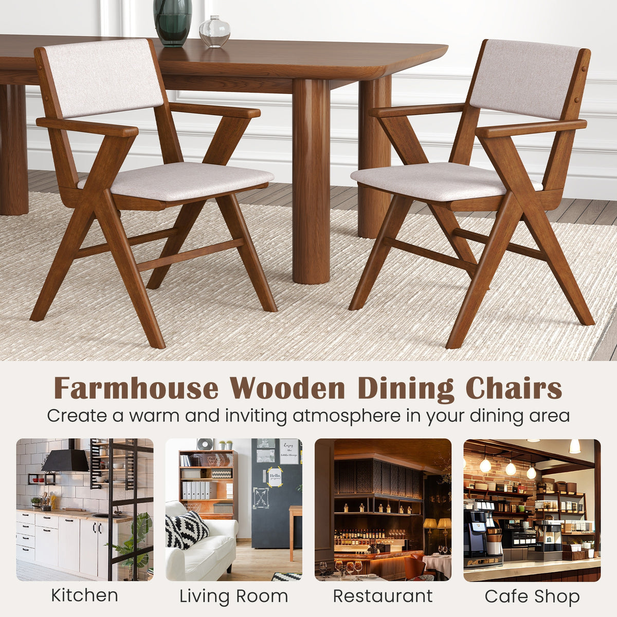 Wooden Dining Chair with Rubber Wood Frame Set of 2-Walnut-Dining Chairs-DECOROLALA