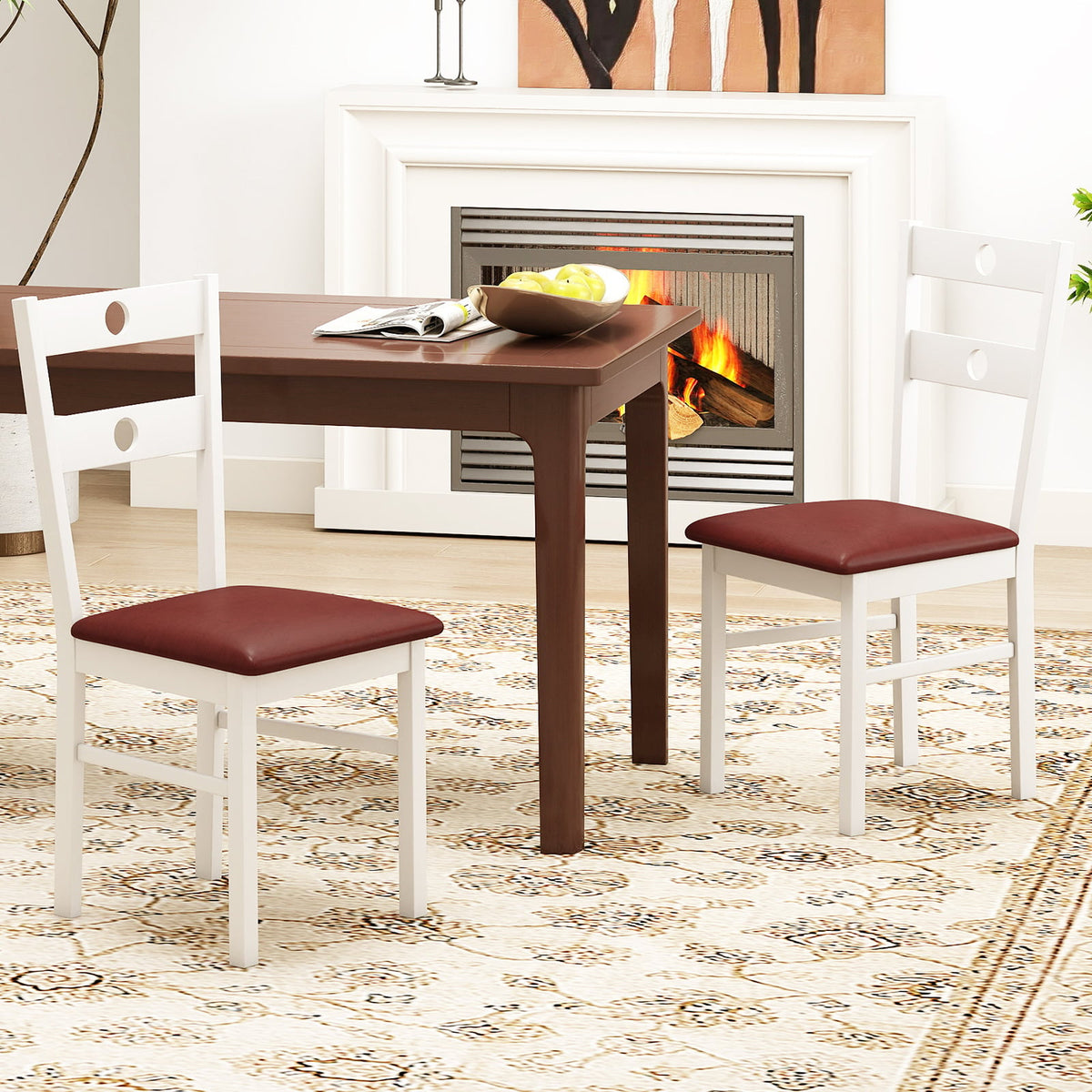 Wooden Dining Chairs Set of 2 Armless Kitchen Chairs with Hollowed Backrest-White-Dining Chairs-DECOROLALA