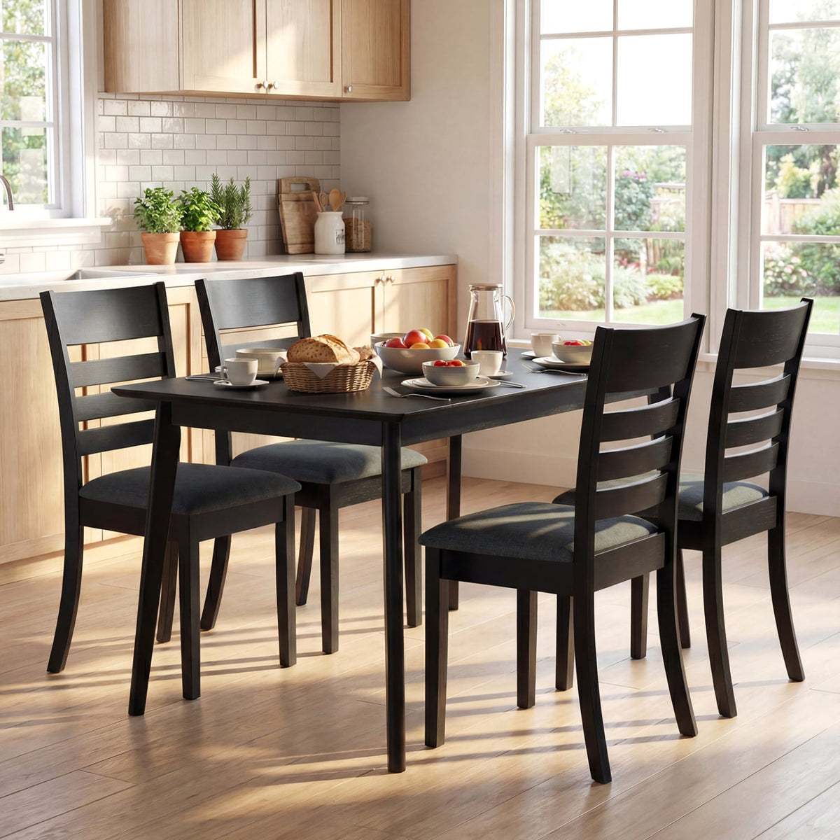 Wooden Dining Chairs Set of 2 Upholstered Kitchen Chairs with Rubber Wood Frame-Black-Dining Chairs-DECOROLALA