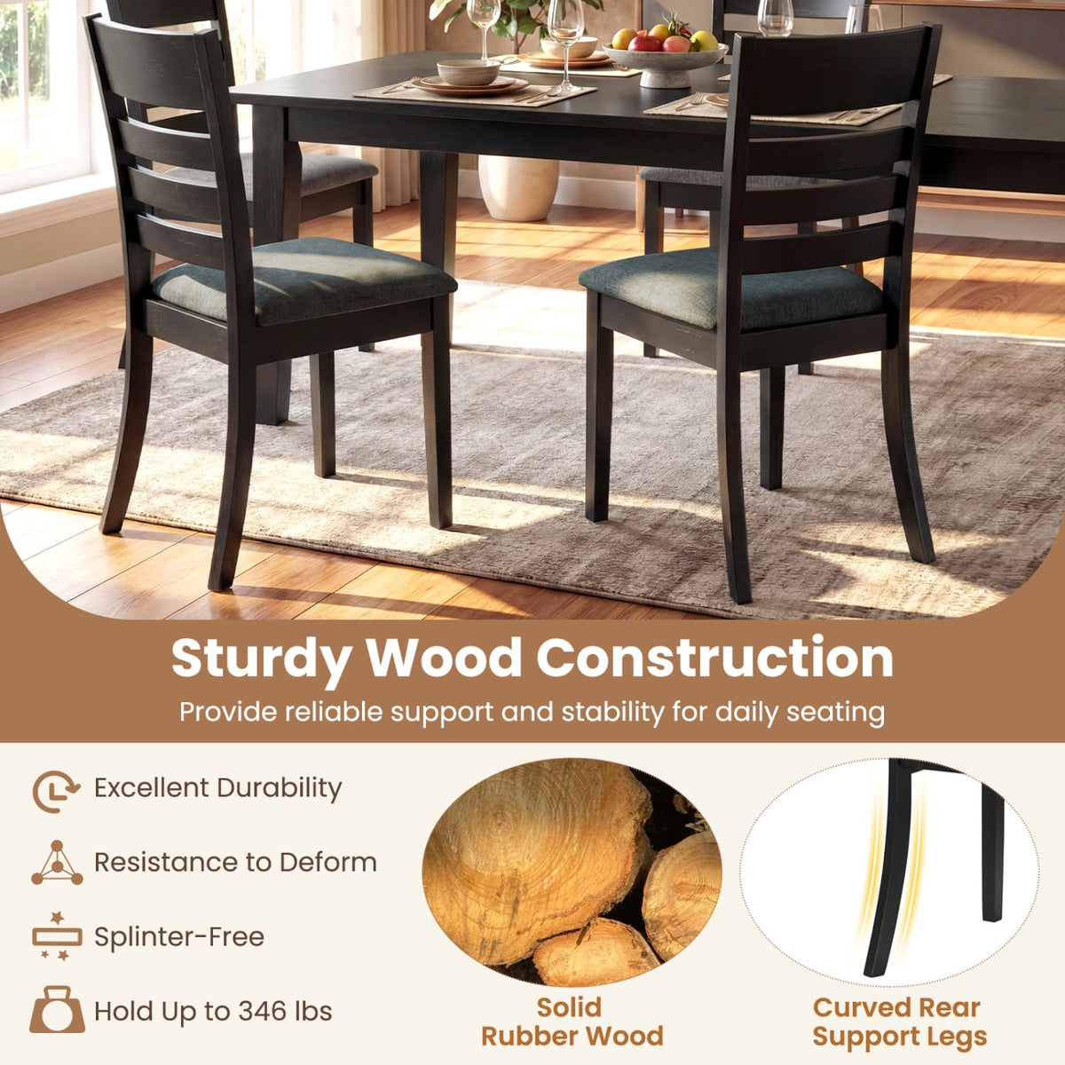 Wooden Dining Chairs Set of 2 Upholstered Kitchen Chairs with Rubber Wood Frame-Black-Dining Chairs-DECOROLALA