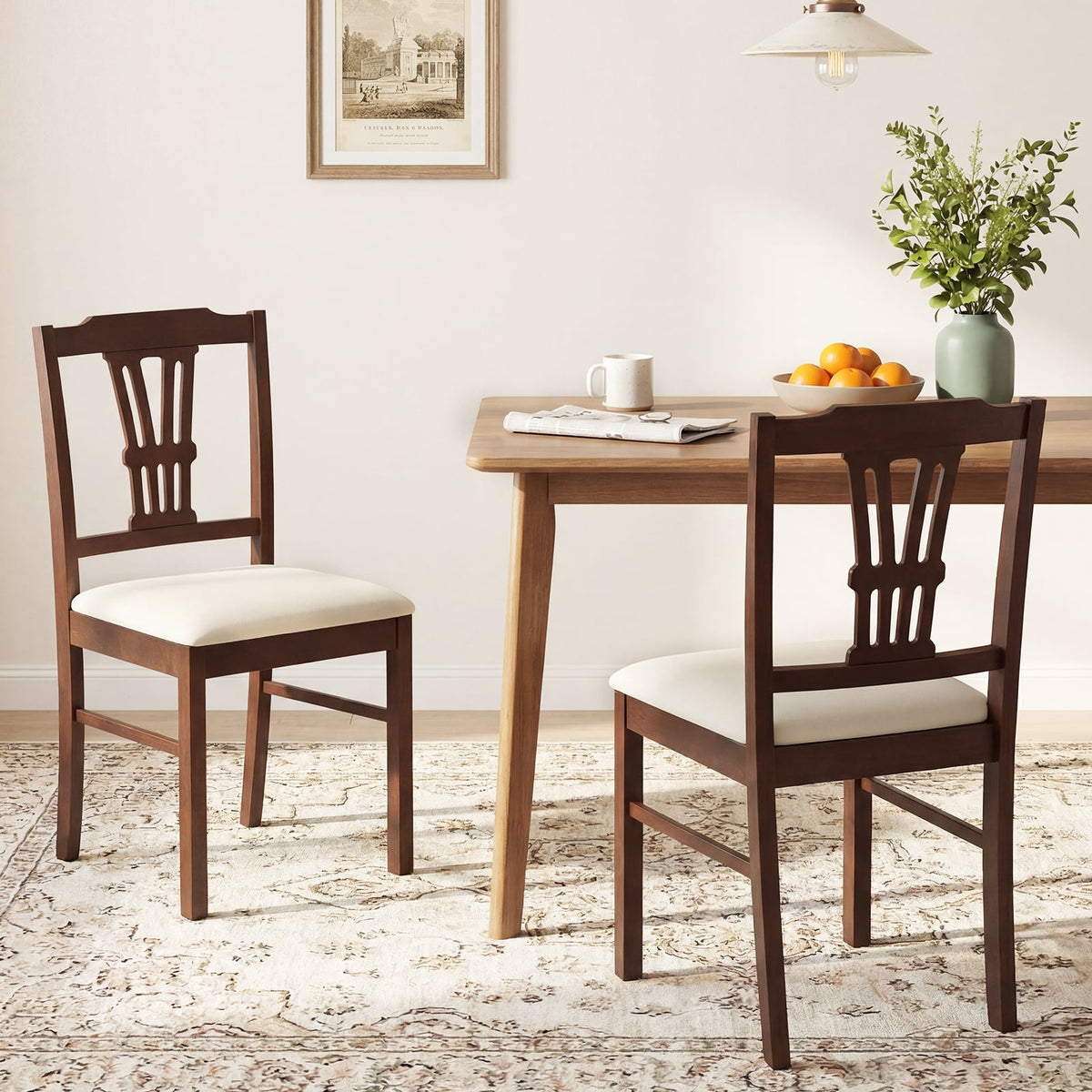 Wooden Dining Chairs Set of 2 Upholstered Kitchen Chairs with Solid Rubber Wood Frame-Beige-Dining Chairs-DECOROLALA