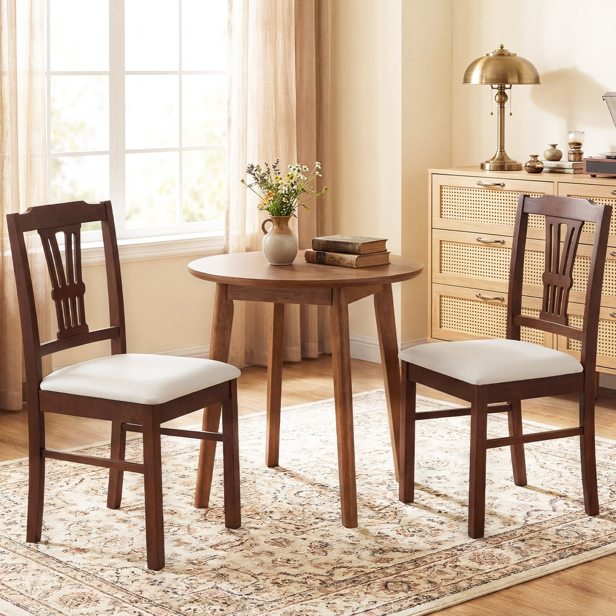 Wooden Dining Chairs Set of 2 Upholstered Kitchen Chairs with Solid Rubber Wood Frame-Beige-Dining Chairs-DECOROLALA