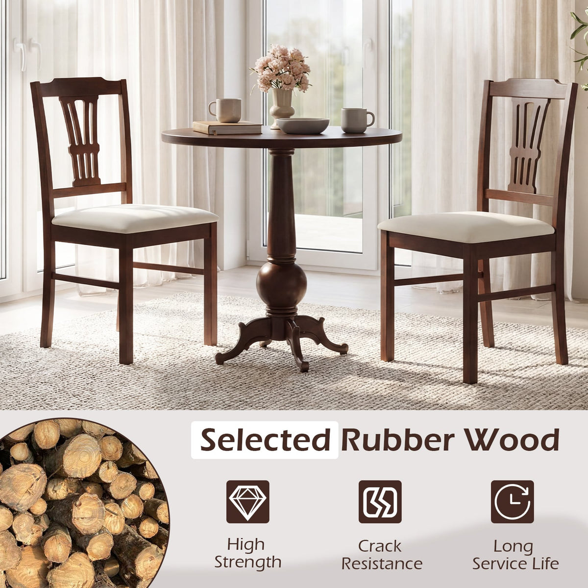 Wooden Dining Chairs Set of 2 Upholstered Kitchen Chairs with Solid Rubber Wood Frame-Beige-Dining Chairs-DECOROLALA