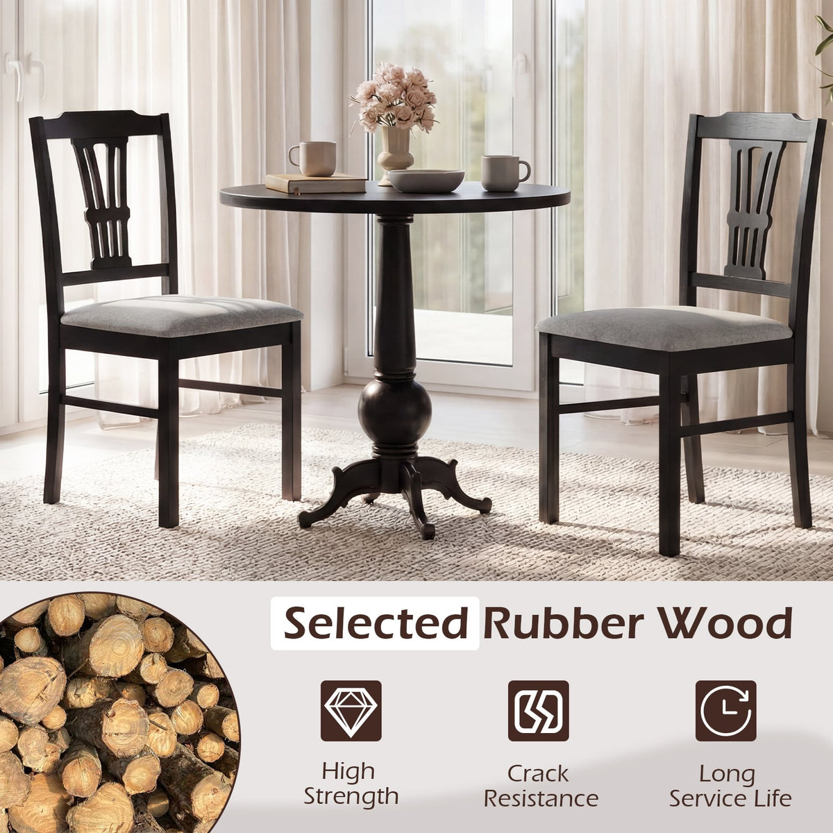 Wooden Dining Chairs Set of 2 Upholstered Kitchen Chairs with Solid Rubber Wood Frame-Gray-Dining Chairs-DECOROLALA