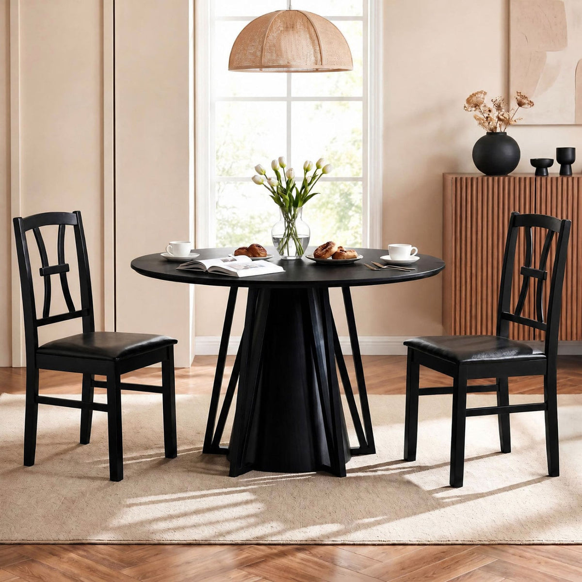 Wooden Dining Chairs Set of 2 with Faux Leather Padded Seat for Kitchen-Black-Dining Chairs-DECOROLALA