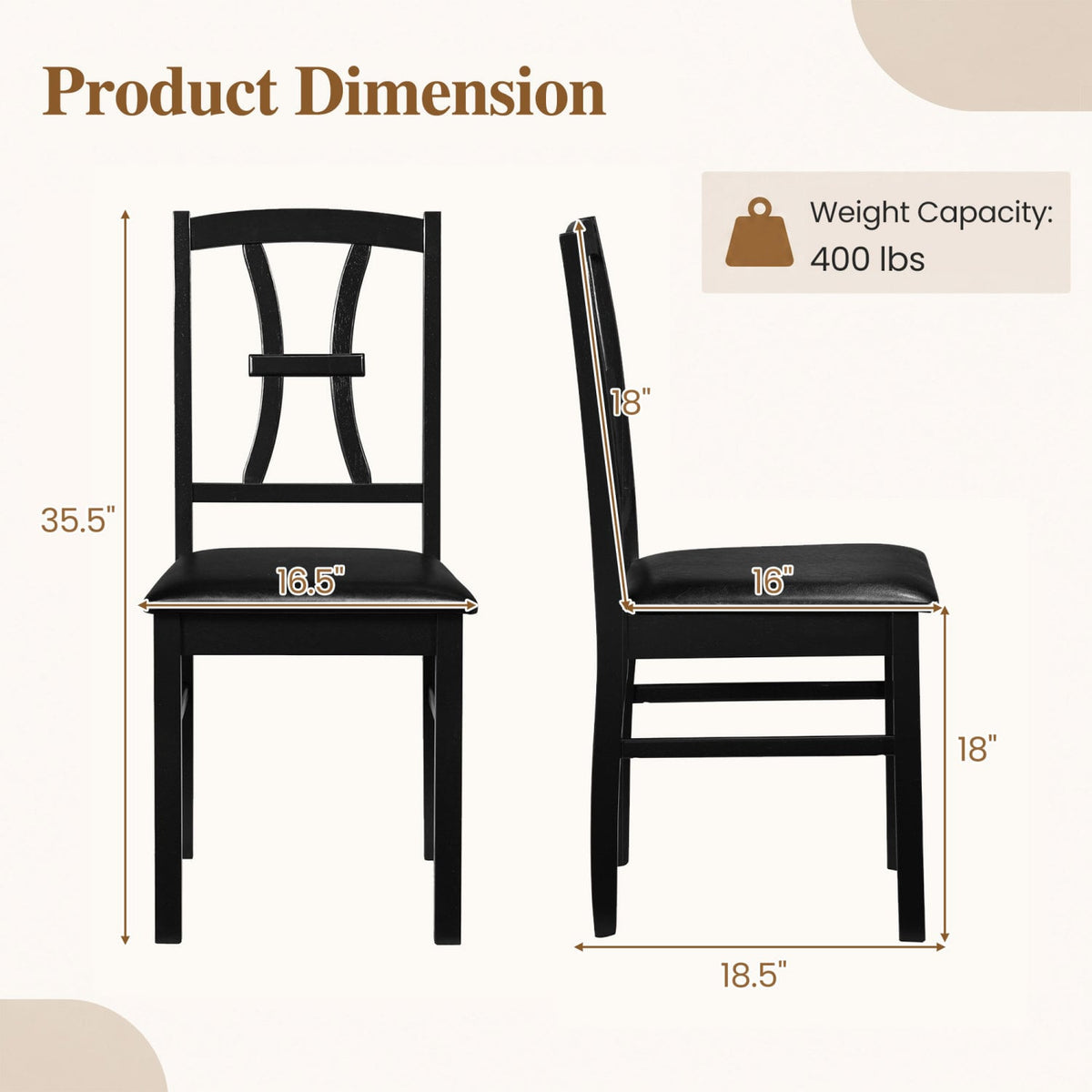 Wooden Dining Chairs Set of 2 with Faux Leather Padded Seat for Kitchen-Black-Dining Chairs-DECOROLALA