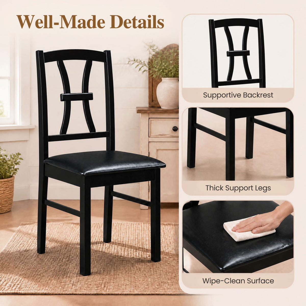 Wooden Dining Chairs Set of 2 with Faux Leather Padded Seat for Kitchen-Black-Dining Chairs-DECOROLALA