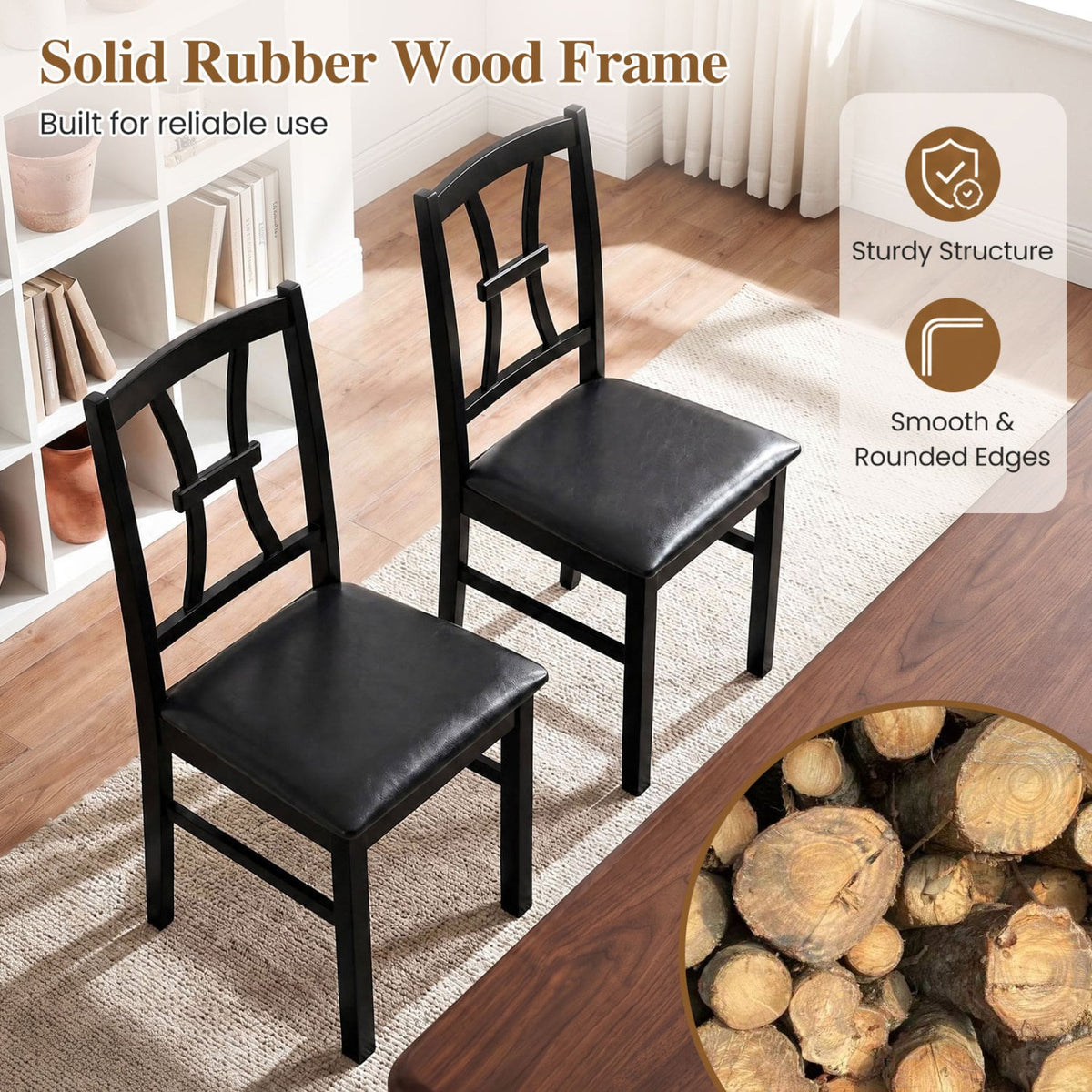Wooden Dining Chairs Set of 2 with Faux Leather Padded Seat for Kitchen-Black-Dining Chairs-DECOROLALA