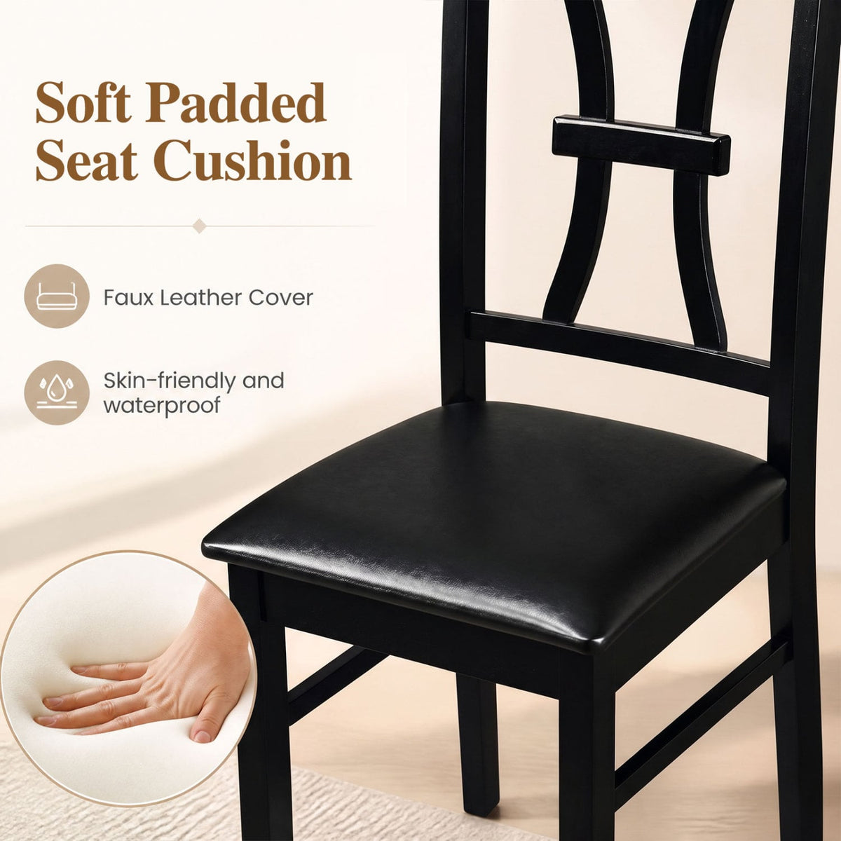 Wooden Dining Chairs Set of 2 with Faux Leather Padded Seat for Kitchen-Black-Dining Chairs-DECOROLALA
