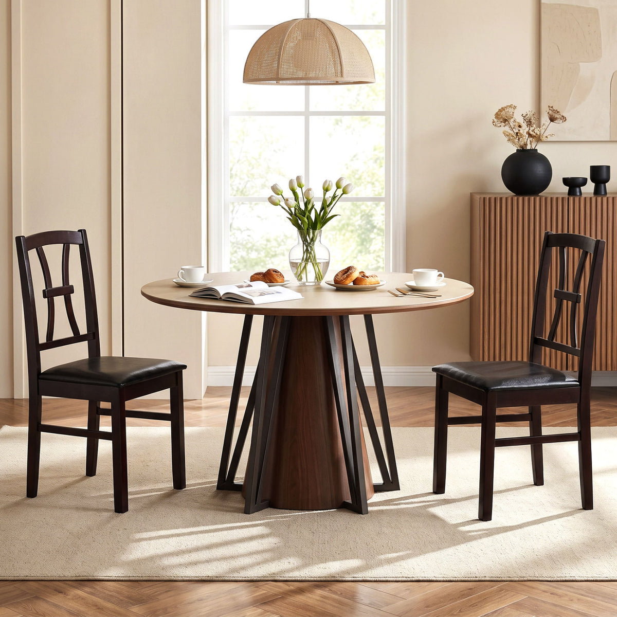 Wooden Dining Chairs Set of 2 with Faux Leather Padded Seat for Kitchen-Brown-Dining Chairs-DECOROLALA