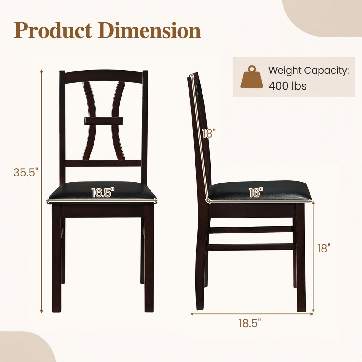 Wooden Dining Chairs Set of 2 with Faux Leather Padded Seat for Kitchen-Brown-Dining Chairs-DECOROLALA