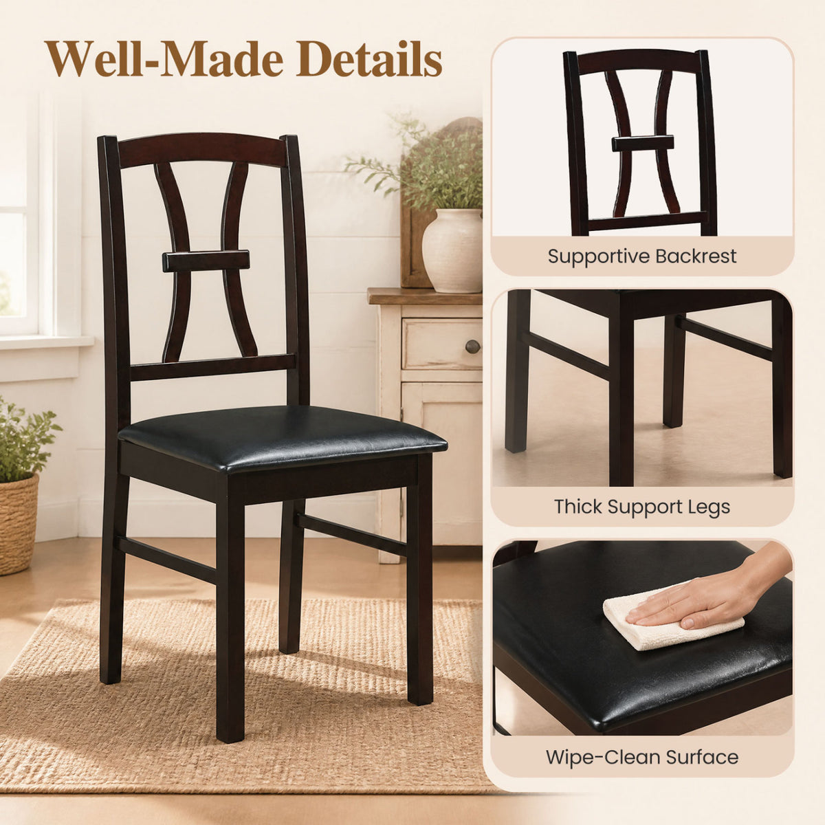 Wooden Dining Chairs Set of 2 with Faux Leather Padded Seat for Kitchen-Brown-Dining Chairs-DECOROLALA