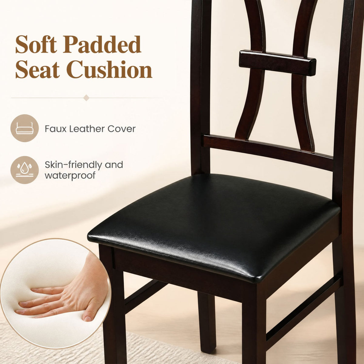 Wooden Dining Chairs Set of 2 with Faux Leather Padded Seat for Kitchen-Brown-Dining Chairs-DECOROLALA