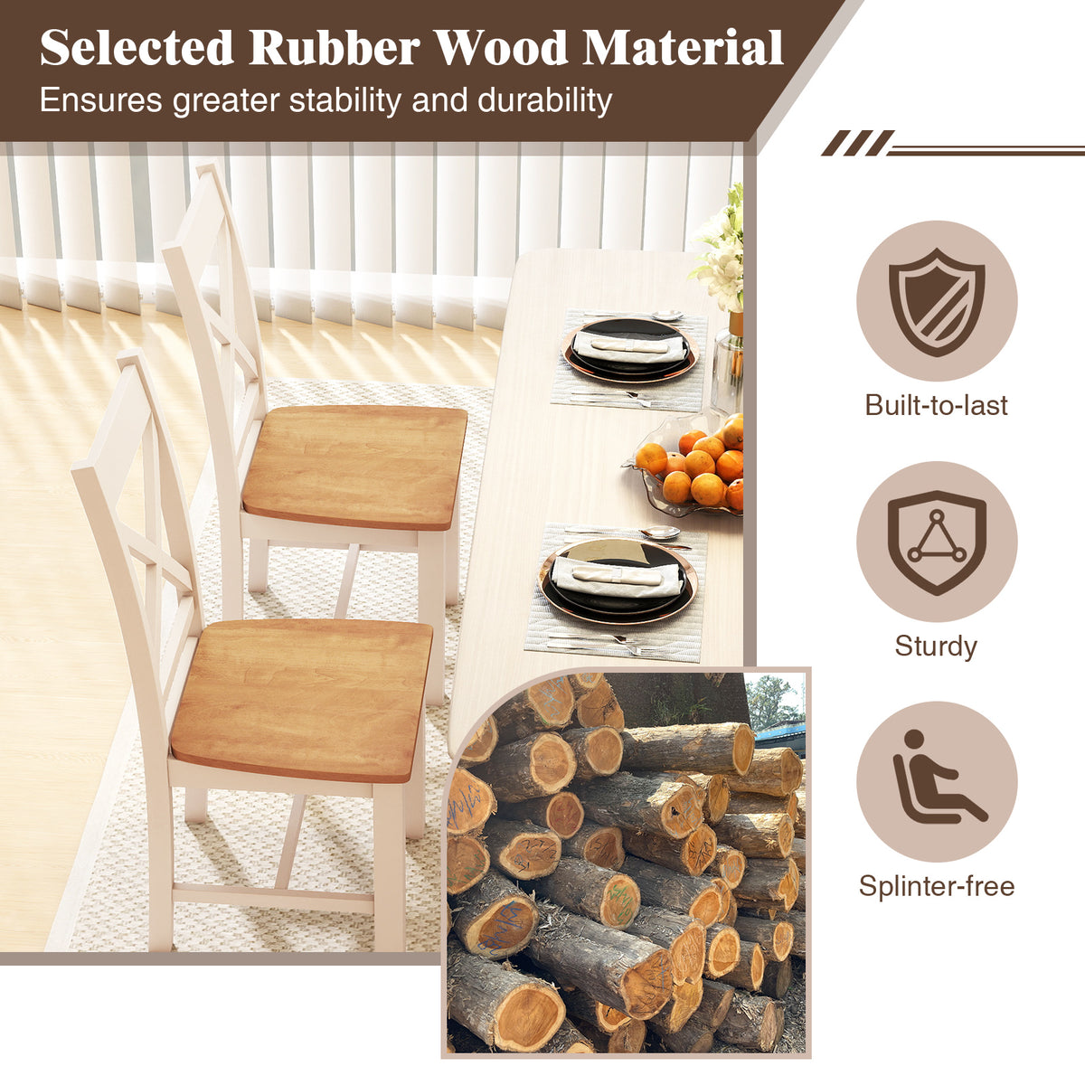 Wooden Dining Chairs Set of 2 with High Back and Rubber Wood Frame-Natural-Dining Chairs-DECOROLALA