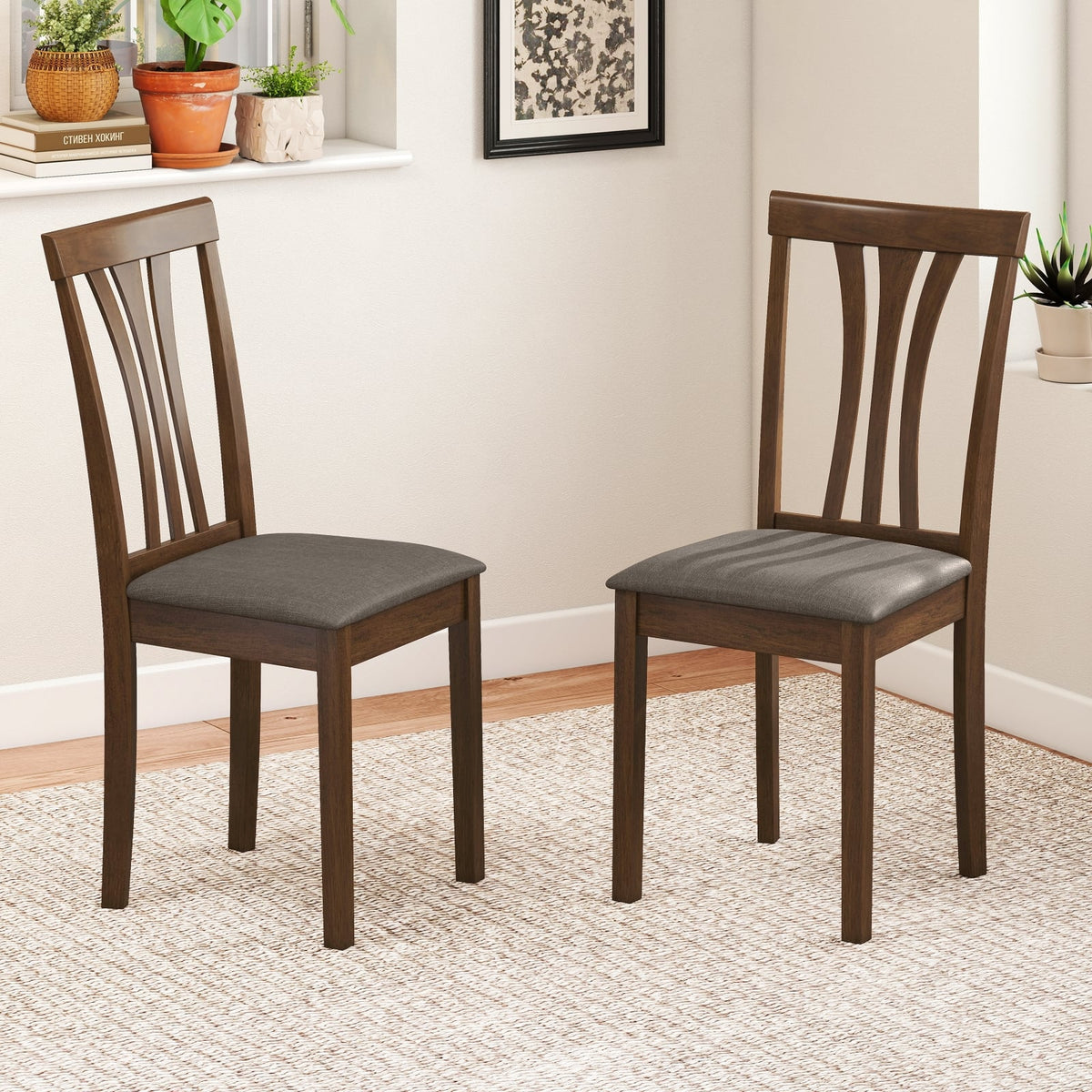 Wooden Dining Chairs Set of 2 with Linen Fabric Upholstered and Rubber Wood Frame-Brown-Dining Chairs-DECOROLALA