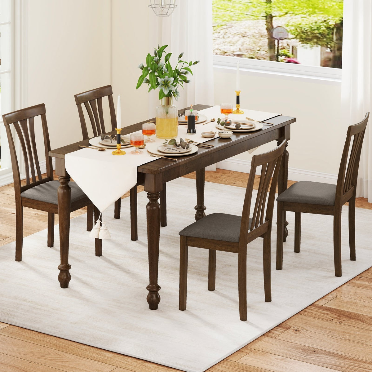 Wooden Dining Chairs Set of 2 with Linen Fabric Upholstered and Rubber Wood Frame-Brown-Dining Chairs-DECOROLALA