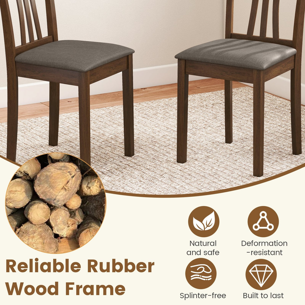 Wooden Dining Chairs Set of 2 with Linen Fabric Upholstered and Rubber Wood Frame-Brown-Dining Chairs-DECOROLALA