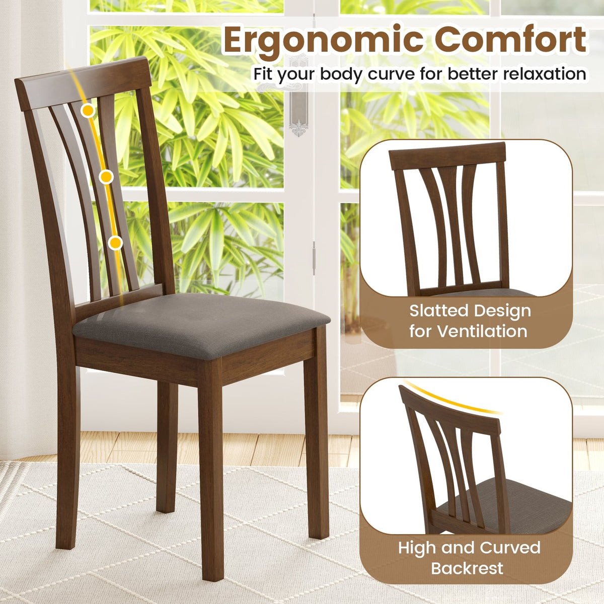 Wooden Dining Chairs Set of 2 with Linen Fabric Upholstered and Rubber Wood Frame-Brown-Dining Chairs-DECOROLALA