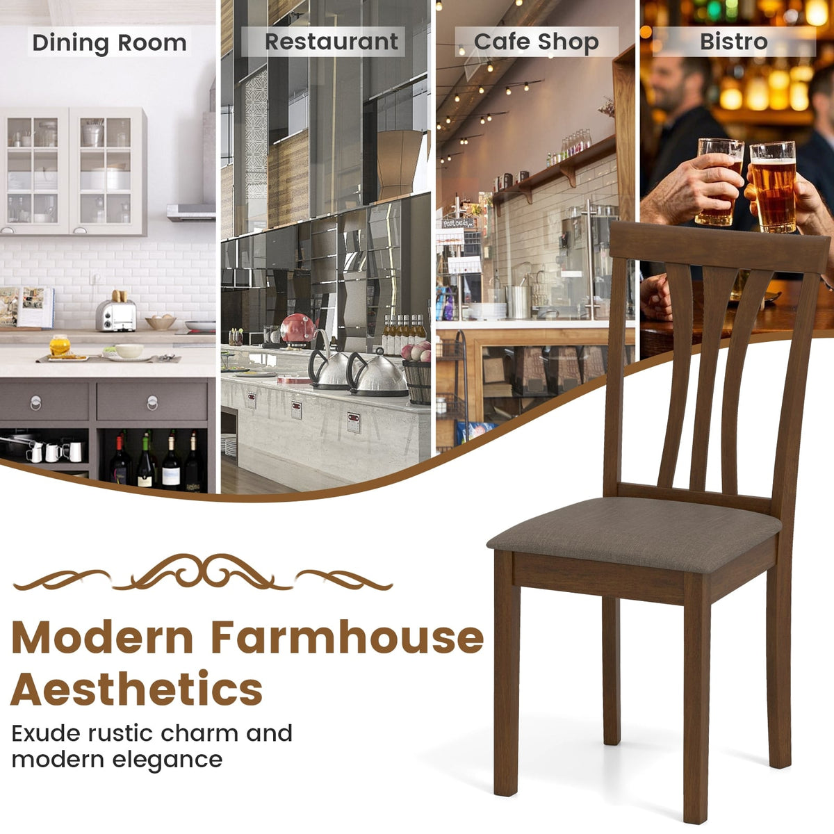 Wooden Dining Chairs Set of 2 with Linen Fabric Upholstered and Rubber Wood Frame-Brown-Dining Chairs-DECOROLALA