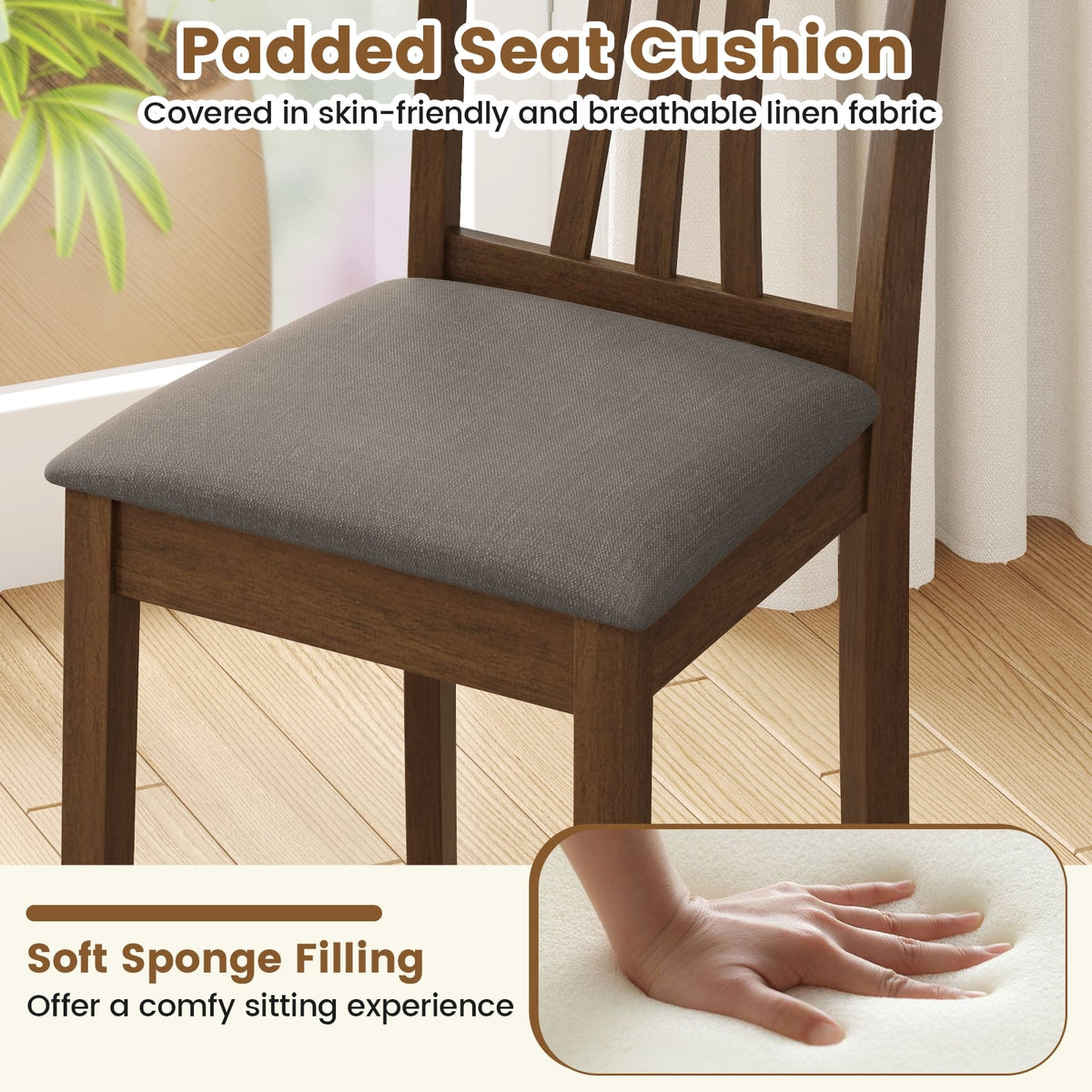 Wooden Dining Chairs Set of 2 with Linen Fabric Upholstered and Rubber Wood Frame-Brown-Dining Chairs-DECOROLALA