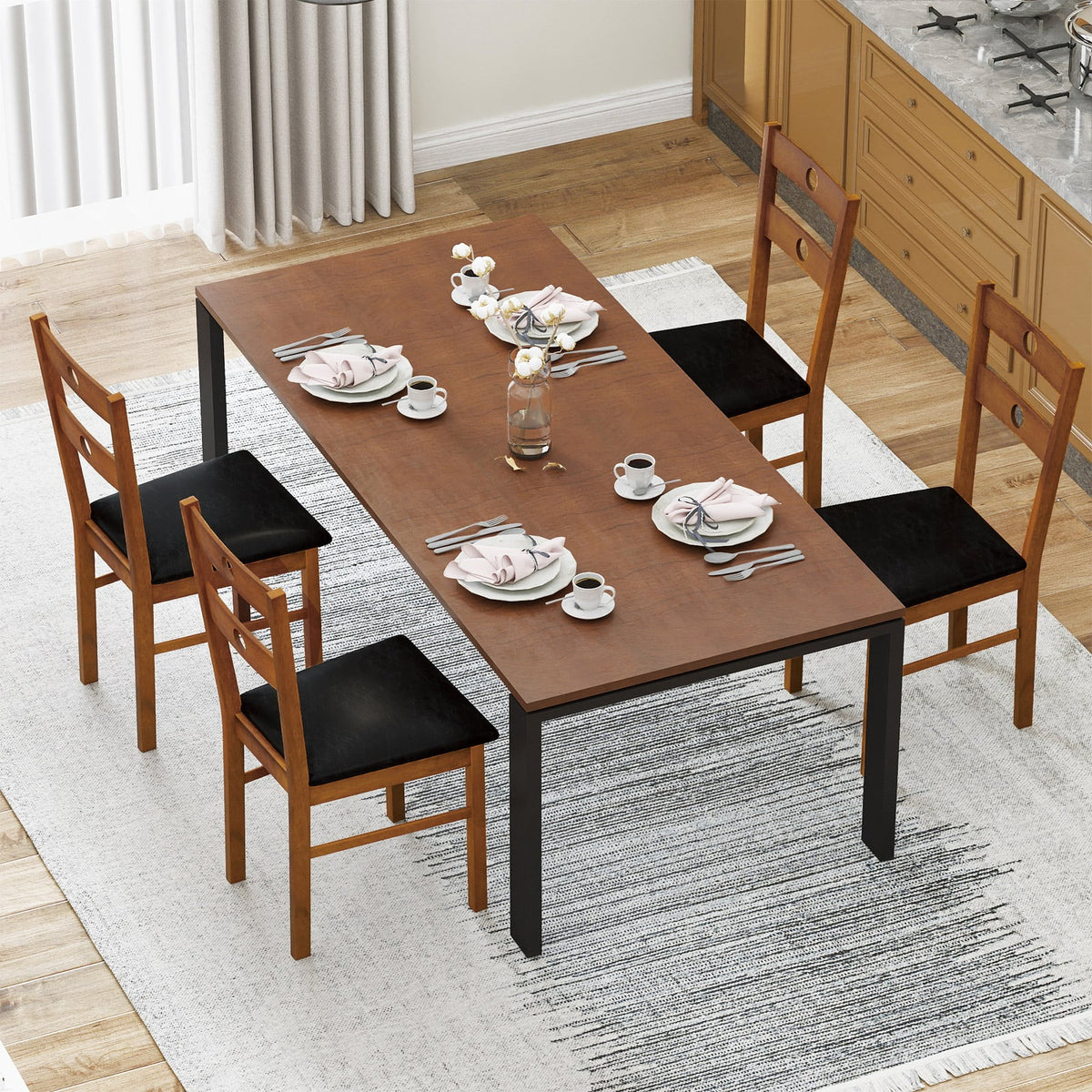 Wooden Dining Chairs Set of 4 Armless Kitchen Chairs with Hollowed Backrest-Brown-Dining Chairs-DECOROLALA