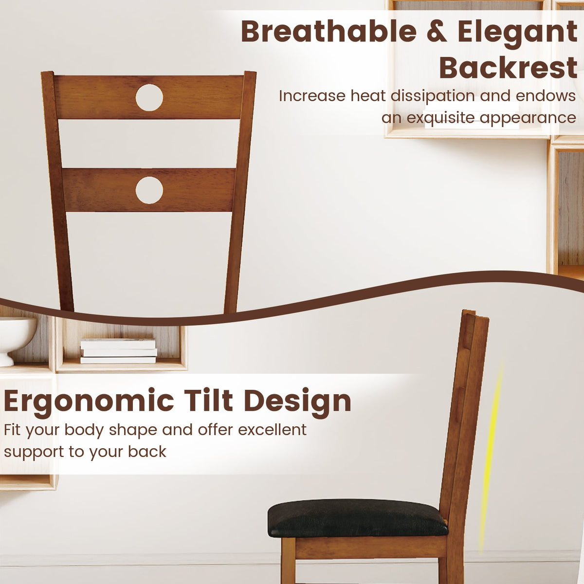 Wooden Dining Chairs Set of 4 Armless Kitchen Chairs with Hollowed Backrest-Brown-Dining Chairs-DECOROLALA