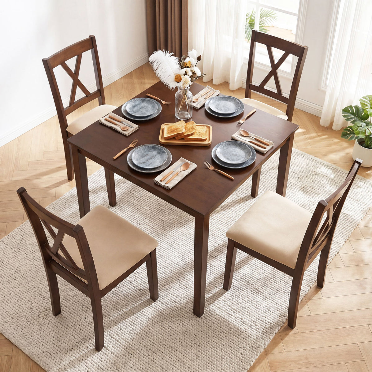 Wooden Dining Chairs Set of 4 Fabric Upholstered Kitchen Chairs-Walnut-Dining Chairs-DECOROLALA