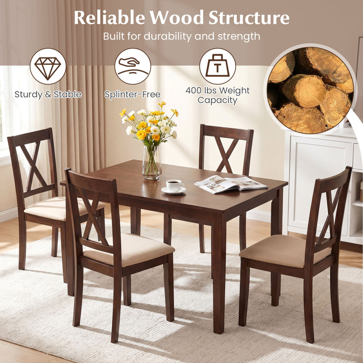 Wooden Dining Chairs Set of 4 Fabric Upholstered Kitchen Chairs-Walnut-Dining Chairs-DECOROLALA