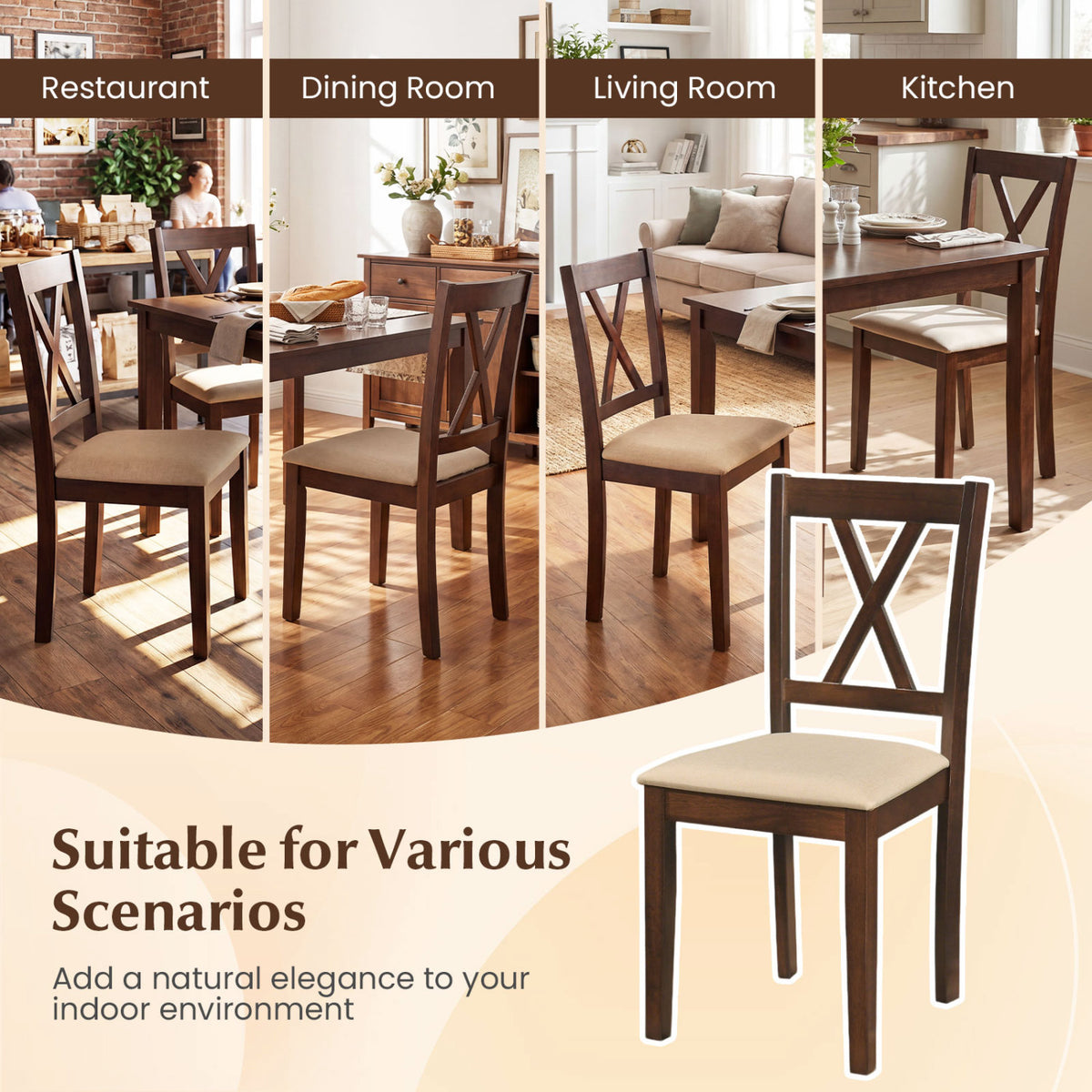 Wooden Dining Chairs Set of 4 Fabric Upholstered Kitchen Chairs-Walnut-Dining Chairs-DECOROLALA
