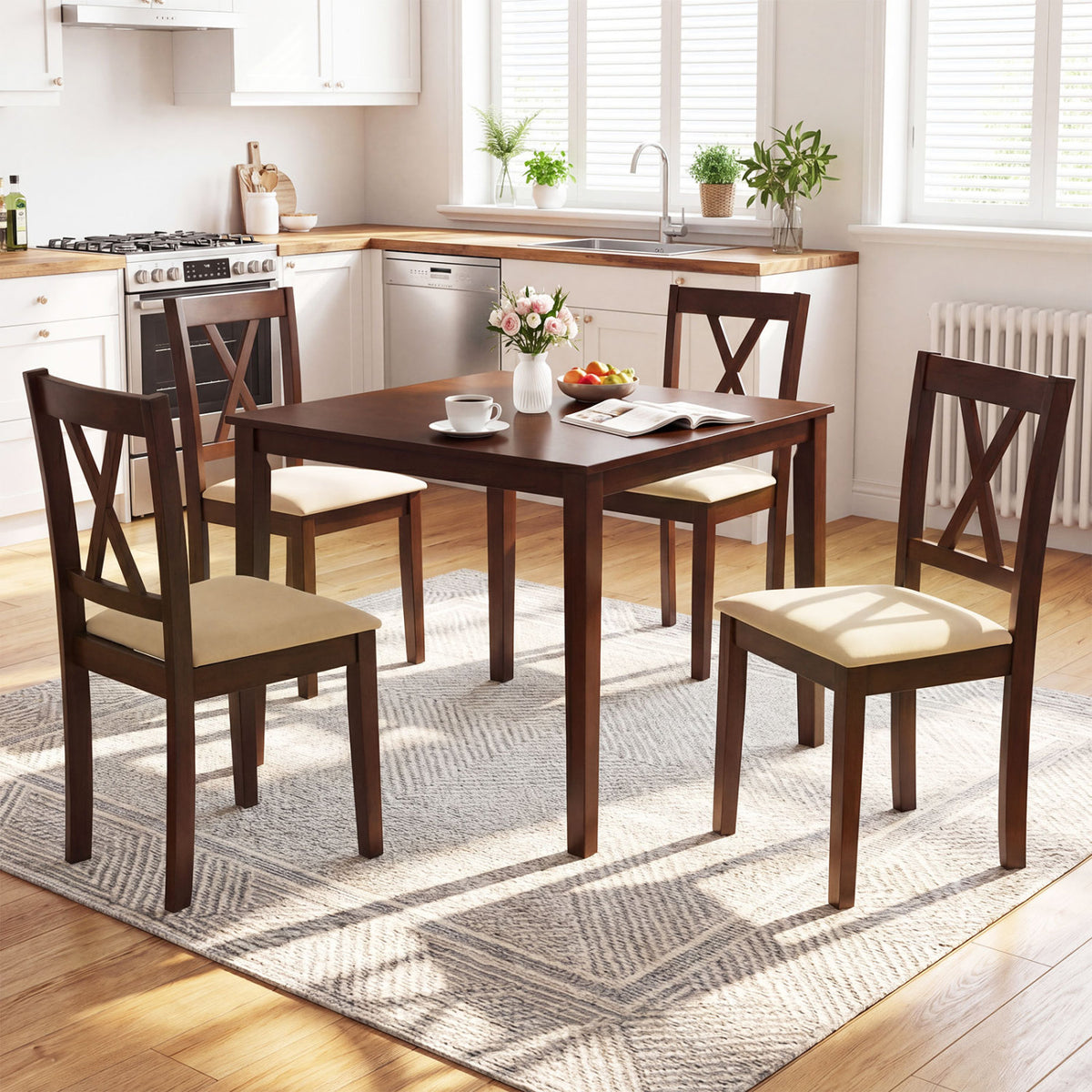 Wooden Dining Chairs Set of 4 Fabric Upholstered Kitchen Chairs-Walnut-Dining Chairs-DECOROLALA