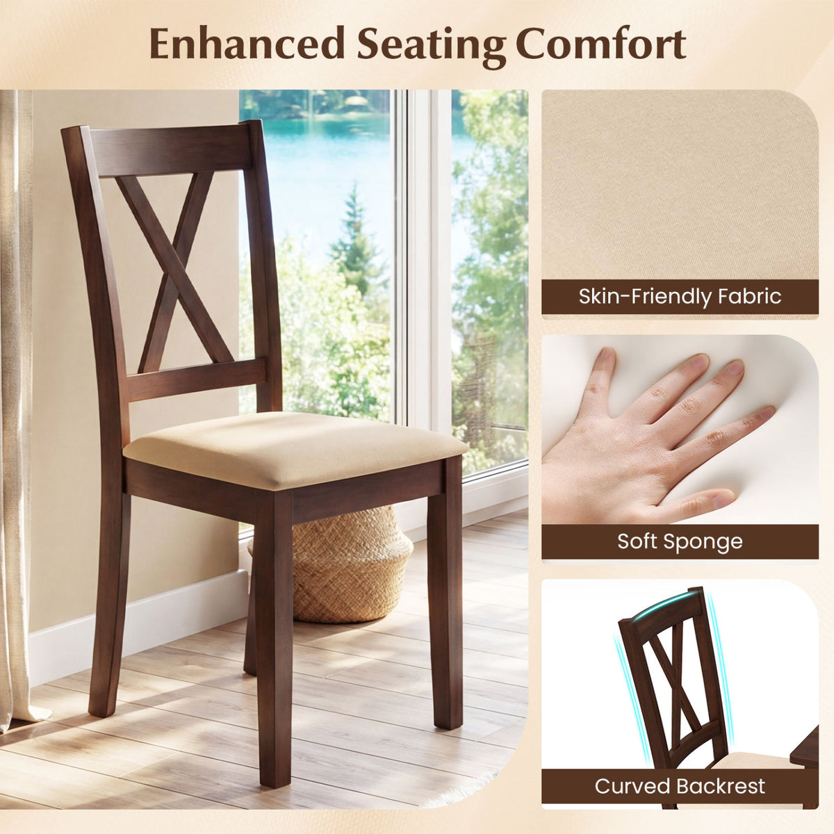 Wooden Dining Chairs Set of 4 Fabric Upholstered Kitchen Chairs-Walnut-Dining Chairs-DECOROLALA