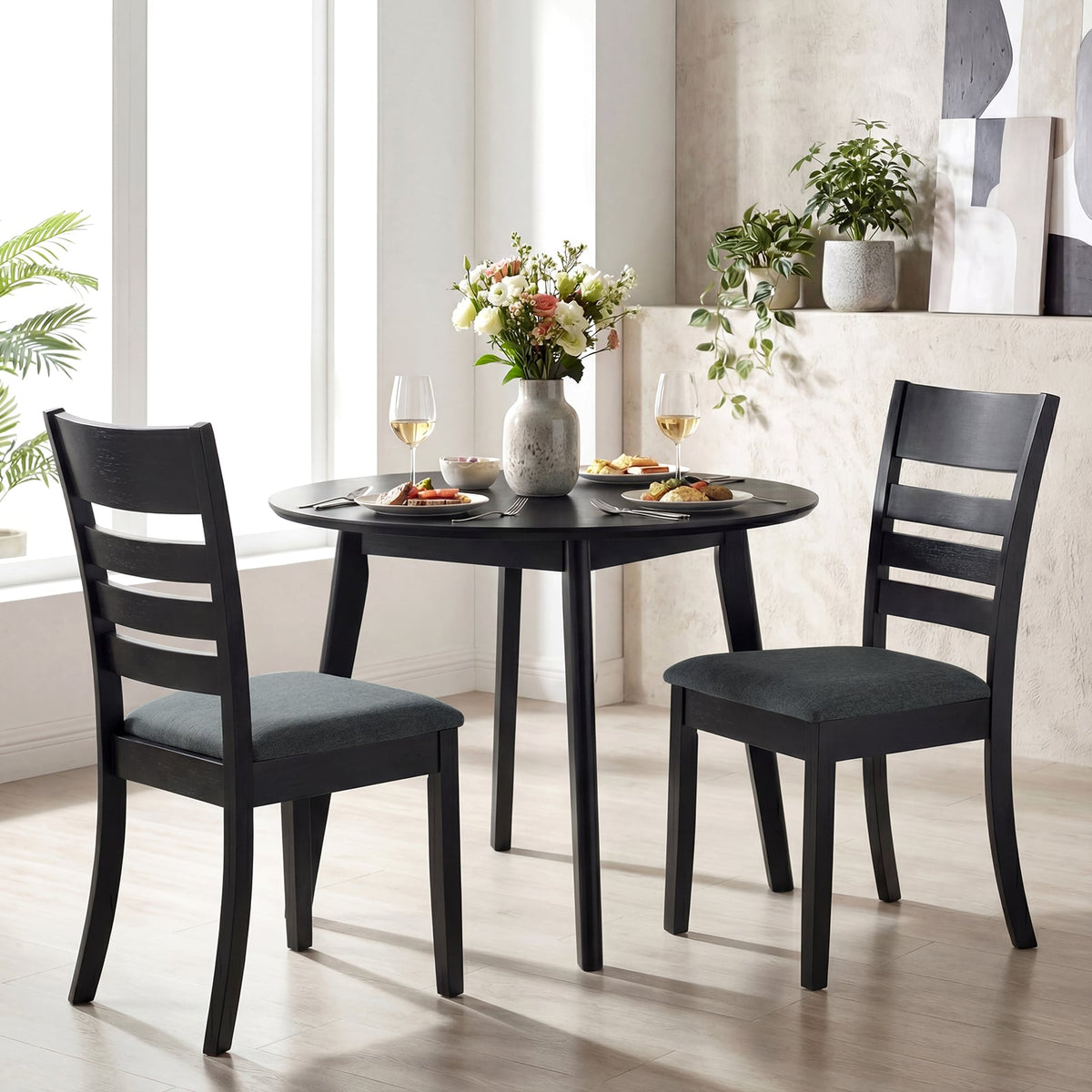 Wooden Dining Chairs Set of 4 Upholstered Kitchen Chairs with Rubber Wood Frame-Black-Dining Chairs-DECOROLALA