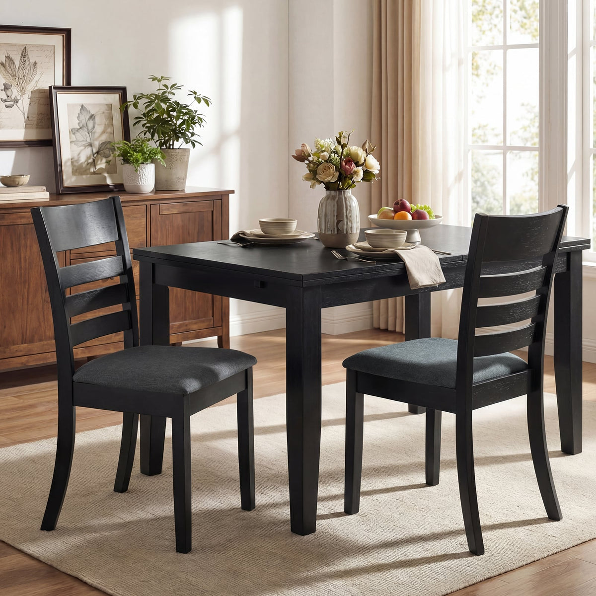 Wooden Dining Chairs Set of 4 Upholstered Kitchen Chairs with Rubber Wood Frame-Black-Dining Chairs-DECOROLALA