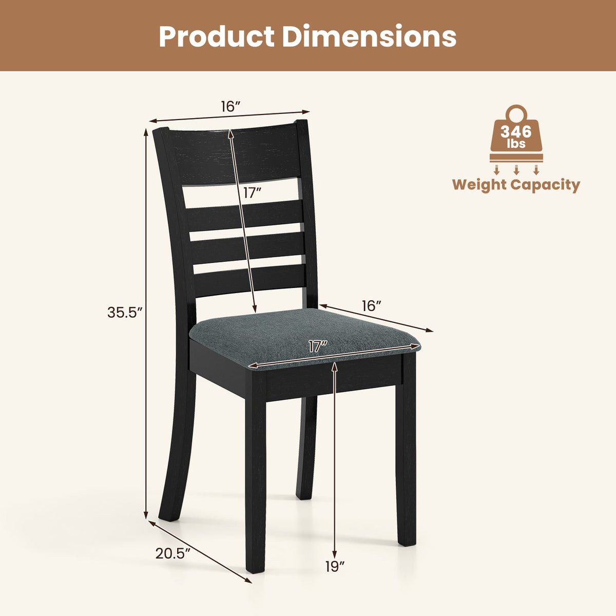Wooden Dining Chairs Set of 4 Upholstered Kitchen Chairs with Rubber Wood Frame-Black-Dining Chairs-DECOROLALA