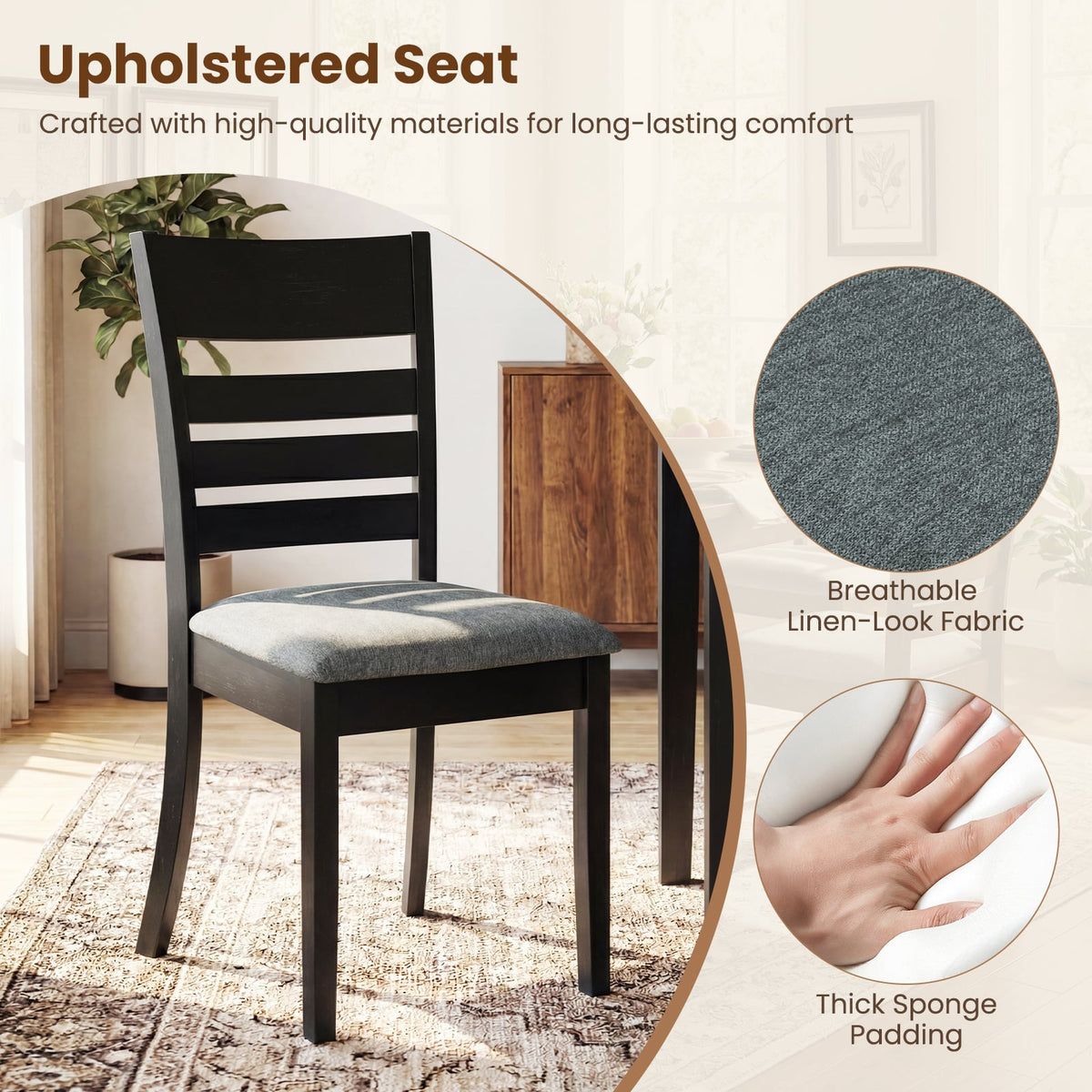 Wooden Dining Chairs Set of 4 Upholstered Kitchen Chairs with Rubber Wood Frame-Black-Dining Chairs-DECOROLALA