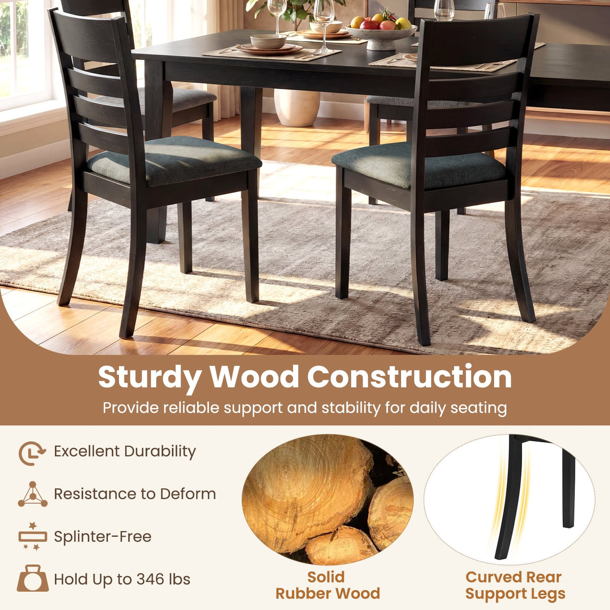 Wooden Dining Chairs Set of 4 Upholstered Kitchen Chairs with Rubber Wood Frame-Black-Dining Chairs-DECOROLALA
