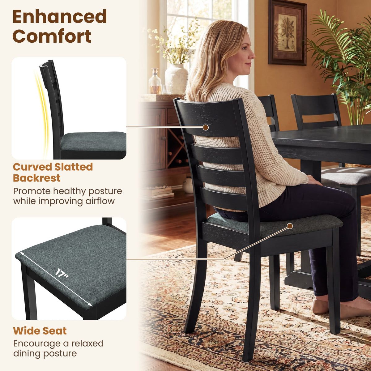 Wooden Dining Chairs Set of 4 Upholstered Kitchen Chairs with Rubber Wood Frame-Black-Dining Chairs-DECOROLALA