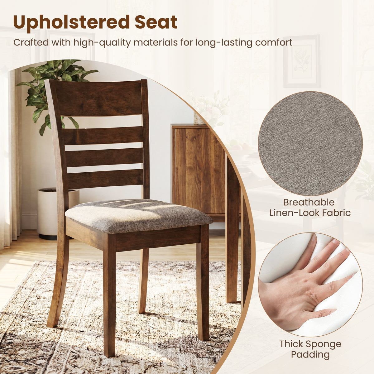 Wooden Dining Chairs Set of 4 Upholstered Kitchen Chairs with Rubber Wood Frame-Brown-Dining Chairs-DECOROLALA