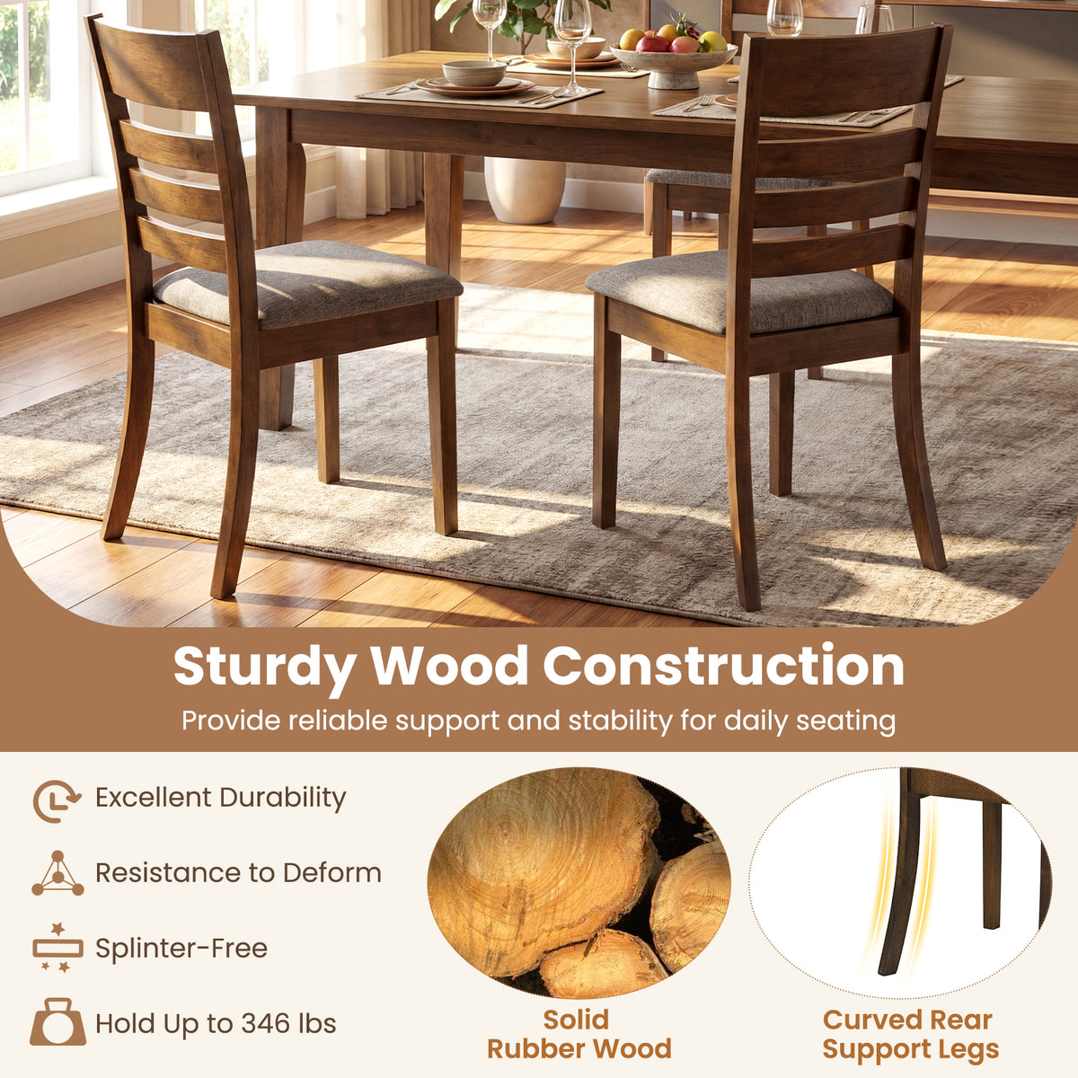 Wooden Dining Chairs Set of 4 Upholstered Kitchen Chairs with Rubber Wood Frame-Brown-Dining Chairs-DECOROLALA