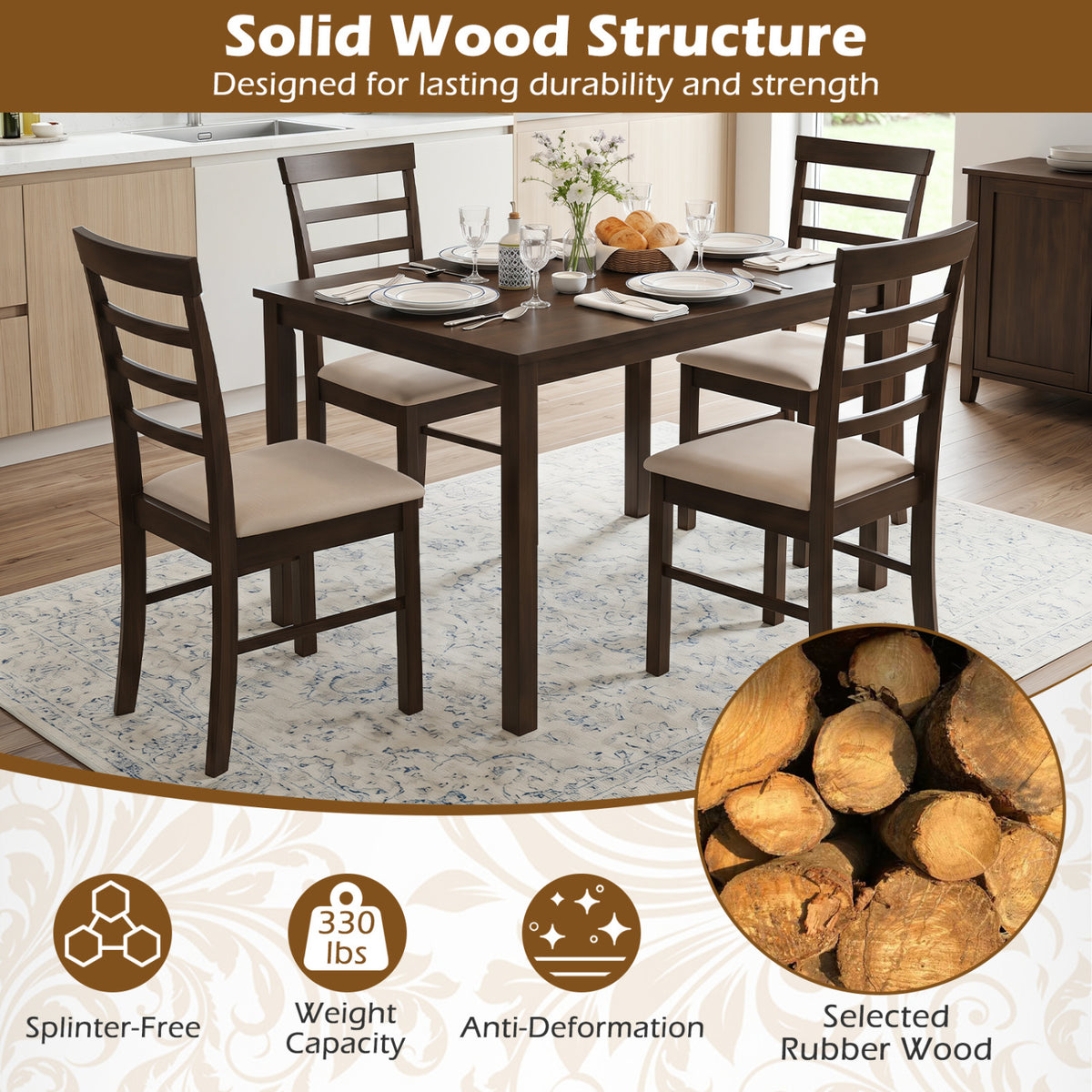 Wooden Dining Chairs Set of 4 with Fabric Cushion for Dining Room-Brown-Dining Chairs-DECOROLALA