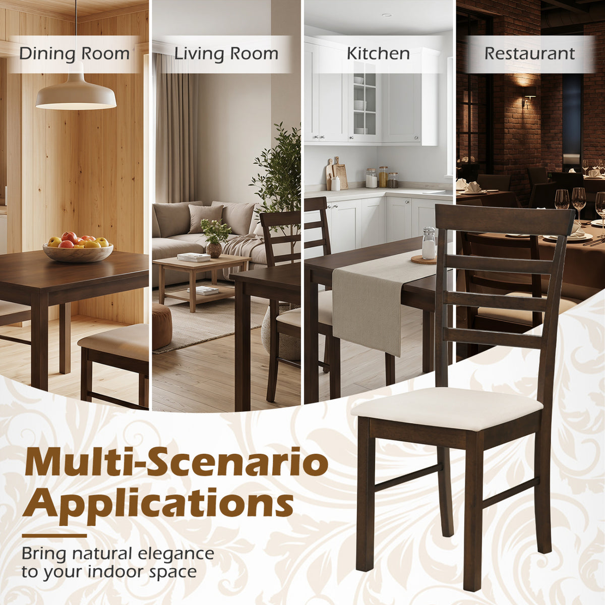 Wooden Dining Chairs Set of 4 with Fabric Cushion for Dining Room-Brown-Dining Chairs-DECOROLALA