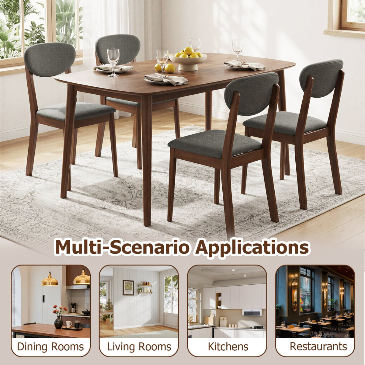 Wooden Dining Chairs Set of 4 with Padded Seat Back for Dining Room-Gray-Dining Chairs-DECOROLALA